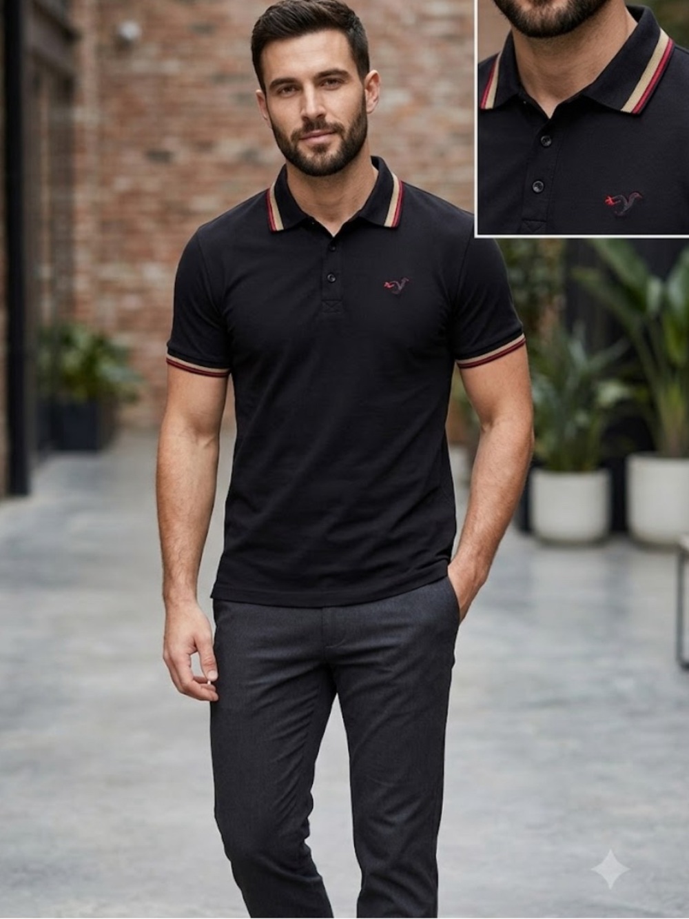 Men's Black Polo with Contrast Stripe Collar and Sleeve